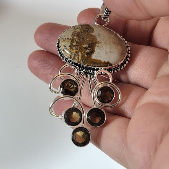 Picture Jasper Pendant – With Smoky Quartz Accent + 20" Silver Snake Chain - Picture 3 of 10